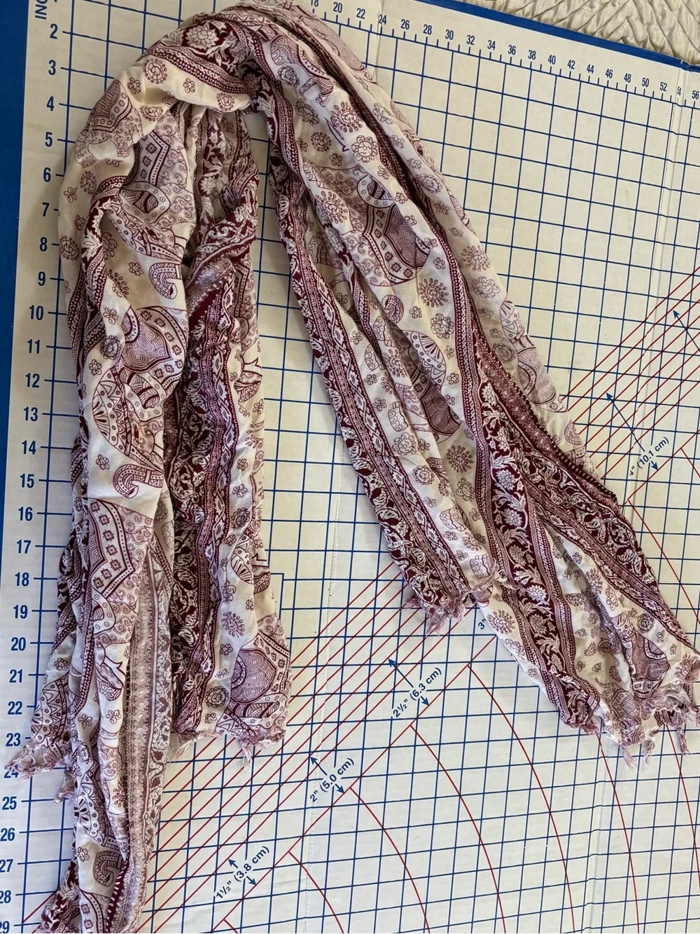 Elephant Print Anthropologie Fringed Wrap Scarf in Cream and Burgundy